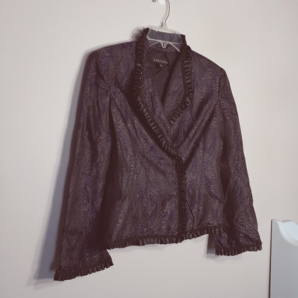 ADRIANNA Silk Iridescent Jacket with Black Ruffle Trim Size 6